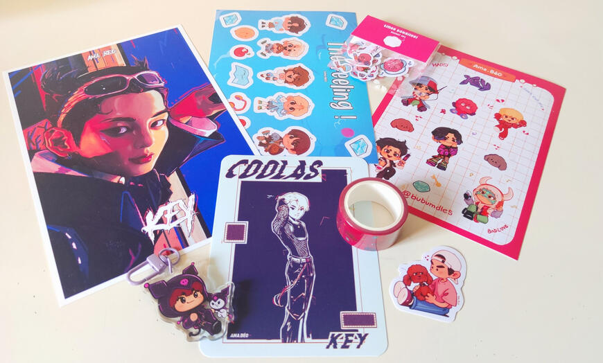 Sample art package featuring stickers prints keychain and washi tape from creator bubumdles